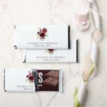 Burgundy Flowers, Red Flowers, Greenery, Birthday Hershey Bar Favors