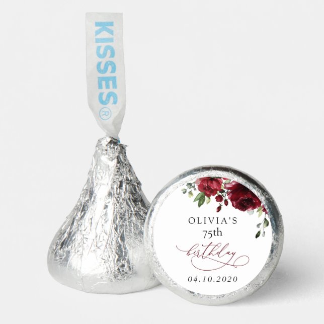 Burgundy Flowers, Red Flowers, Greenery, Birthday Hershey®'s Kisses® (Front)