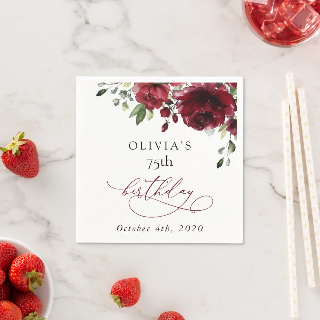 Burgundy Flowers, Red Flowers, Greenery, Birthday Napkins (Insitu)