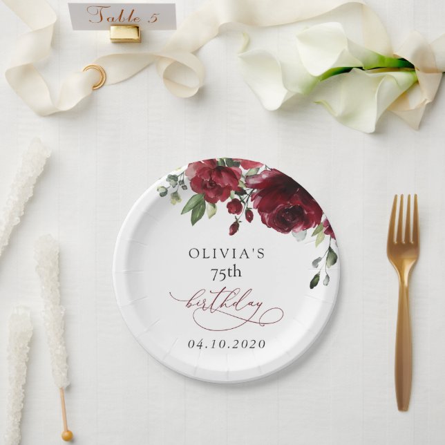Burgundy Flowers, Red Flowers, Greenery, Birthday Paper Plates (Wedding)