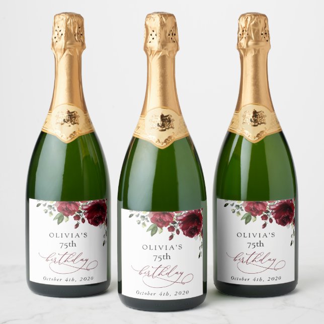 Burgundy Flowers, Red Flowers, Greenery, Birthday Sparkling Wine Label (Bottles)