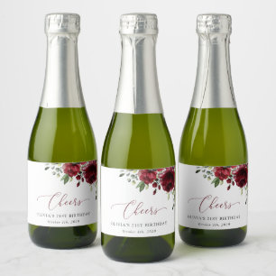 Burgundy Flowers, Red Flowers, Greenery, Birthday Sparkling Wine Label
