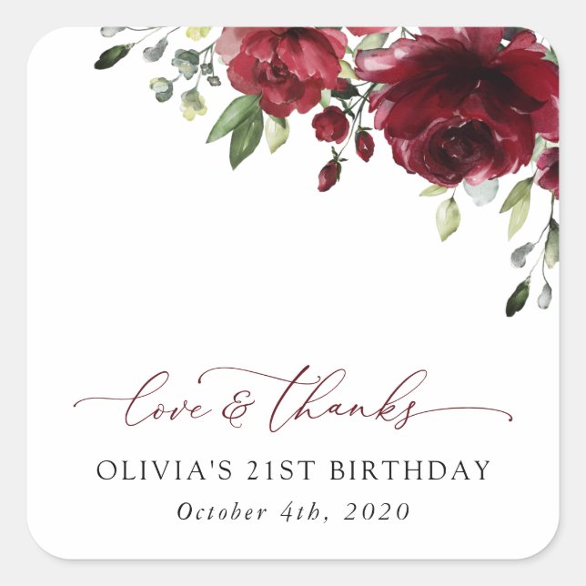 Burgundy Flowers, Red Flowers, Greenery, Birthday Square Sticker (Front)