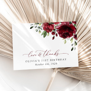 Burgundy Flowers, Red Flowers, Greenery, Birthday Thank You Card