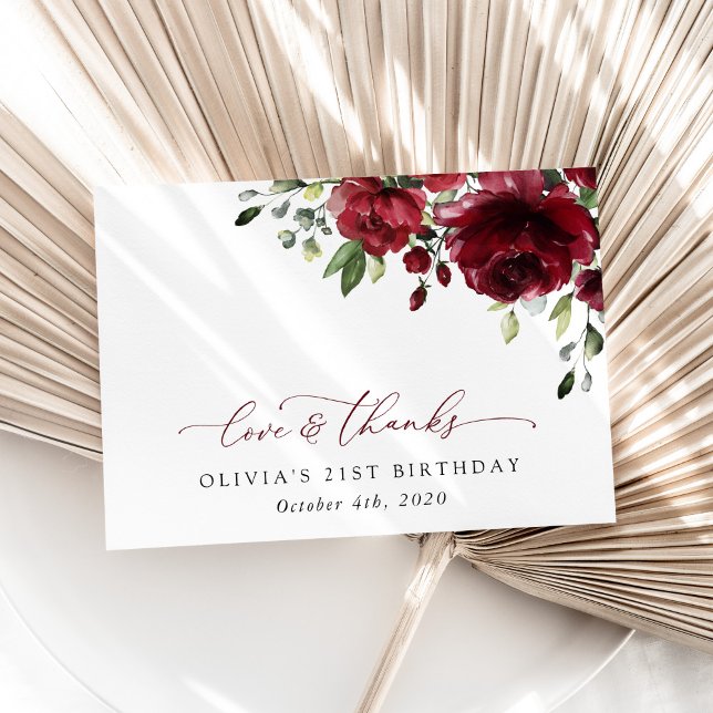 Burgundy Flowers, Red Flowers, Greenery, Birthday Thank You Card (Creator Uploaded)