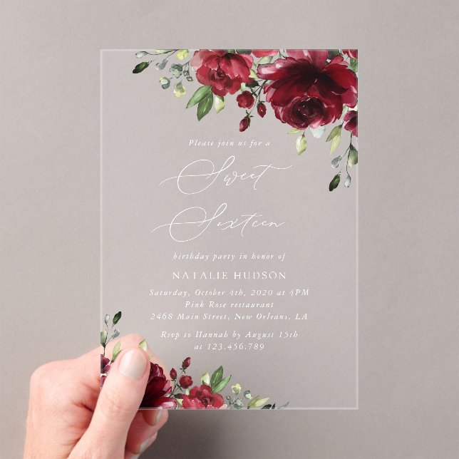 Burgundy Flowers, Red Flowers, Greenery, Sweet 16 Acrylic Invitations (Insitu (Handheld))