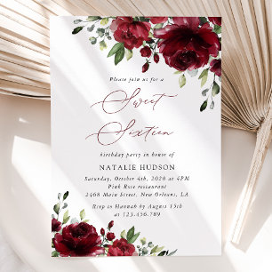 Burgundy Flowers, Red Flowers, Greenery, Sweet 16 Invitation