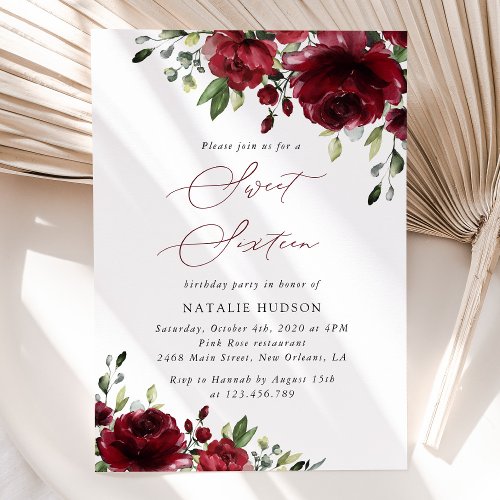 Burgundy Flowers Red Flowers Greenery Sweet 16 Invitation