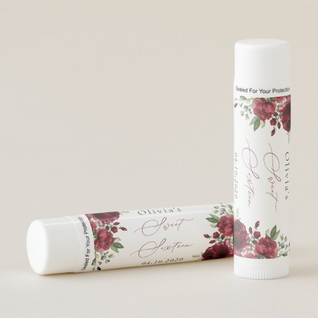 Burgundy Flowers, Red Flowers, Greenery, Sweet 16 Lip Balm (Front)