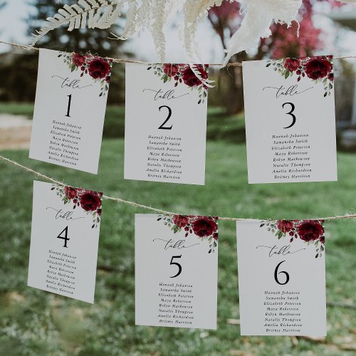 Burgundy Flowers Red Flowers Seating Chart Cards