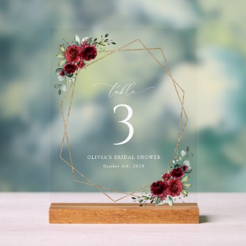 Burgundy Flowers Red Flowers Table Numbers Acrylic Sign