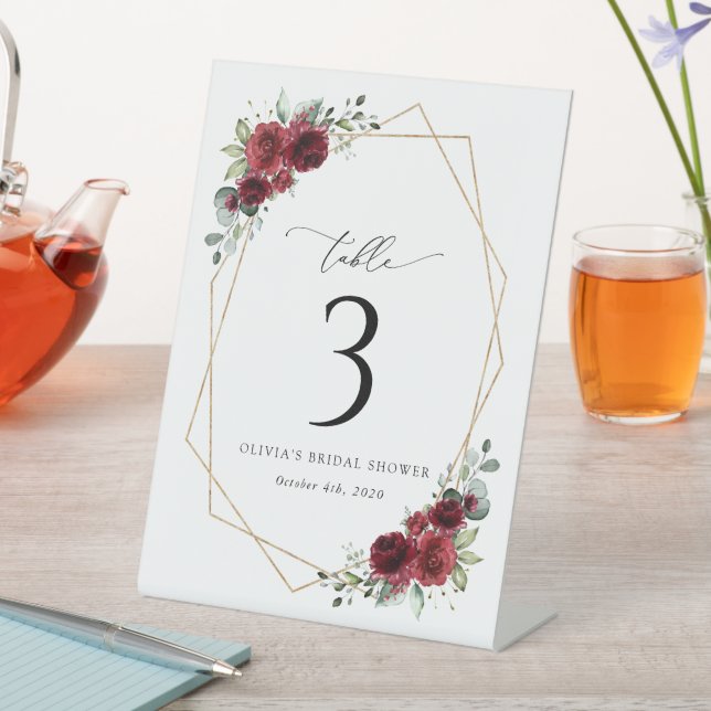 Burgundy Flowers, Red Flowers, Table Numbers Pedestal Sign (In SItu)
