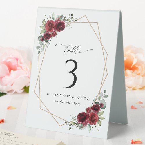 Burgundy Flowers Red Flowers Table Numbers Table Tent Sign