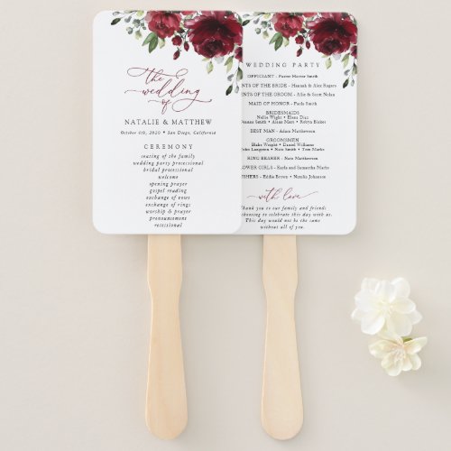 Burgundy Flowers Red Flowers Wedding Program Hand Fan