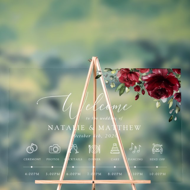 Burgundy Flowers, Red Flowers, Wedding Timeline Acrylic Sign (Neutral)