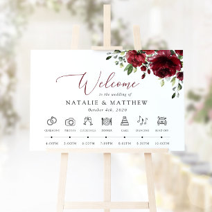 Burgundy Flowers, Red Flowers, Wedding Timeline Sign