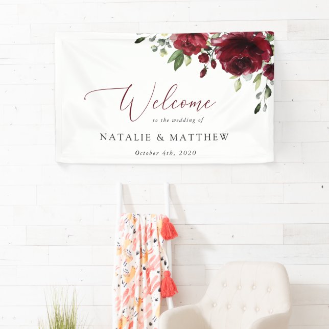 Burgundy Flowers, Red Flowers, Wedding Welcome Banner (Insitu)