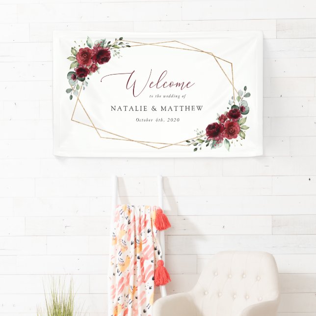 Burgundy Flowers, Red Flowers, Wedding Welcome Banner (Insitu)