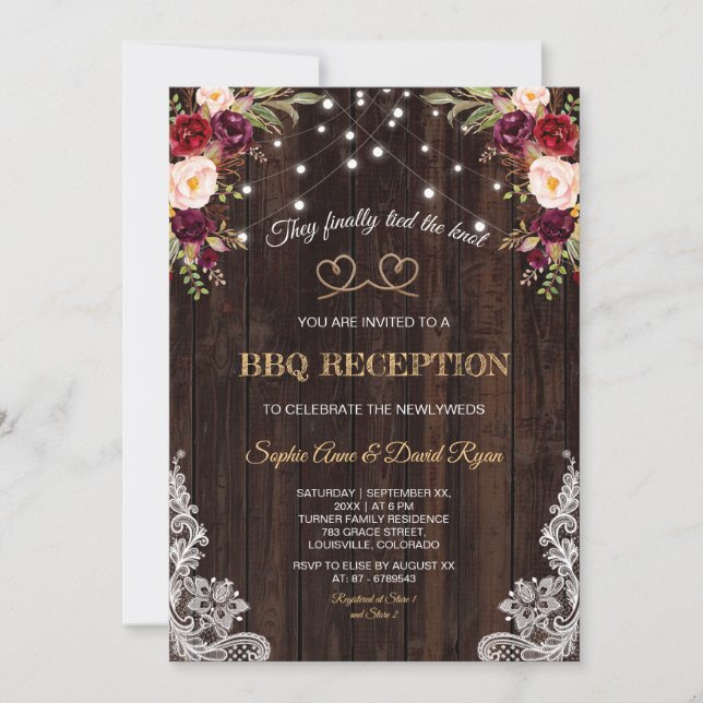 Burgundy Flowers Rope Wood We Tied The Knot Invitation (Front)