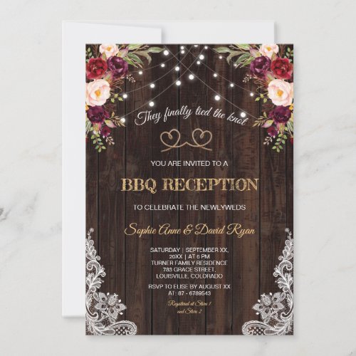 Burgundy Flowers Rope Wood We Tied The Knot Invitation