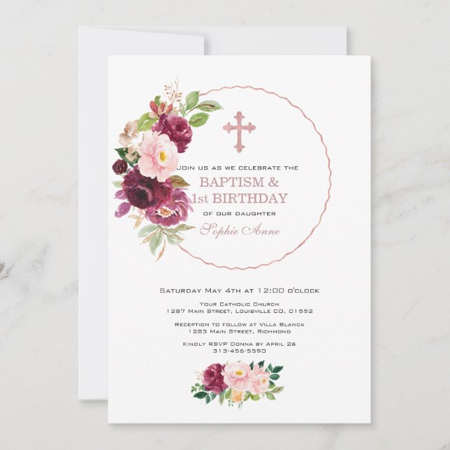 Burgundy Flowers Rose Gold 1st Birthday & Baptism Invitation (Front)