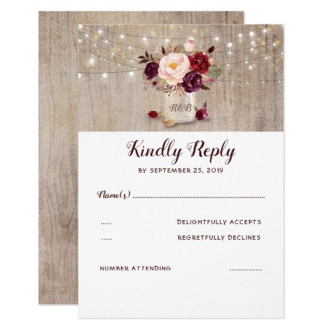 Burgundy Flowers Rustic RSVP Card