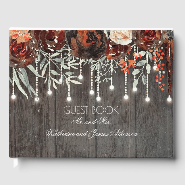 Burgundy Flowers Rustic String Lights Wood Guest Book (Front)
