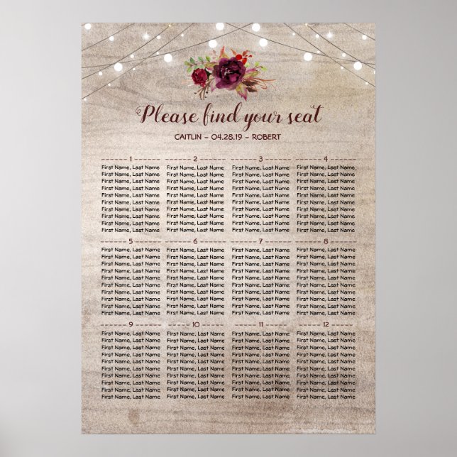 Burgundy Flowers Rustic Wedding Seating Chart (Front)
