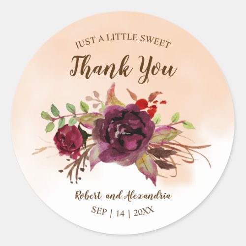 Burgundy Flowers  Sweet Treat Wedding Thank You  Classic Round Sticker