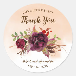 Burgundy Flowers Sweet Treat Wedding Thank You Classic Round Sticker