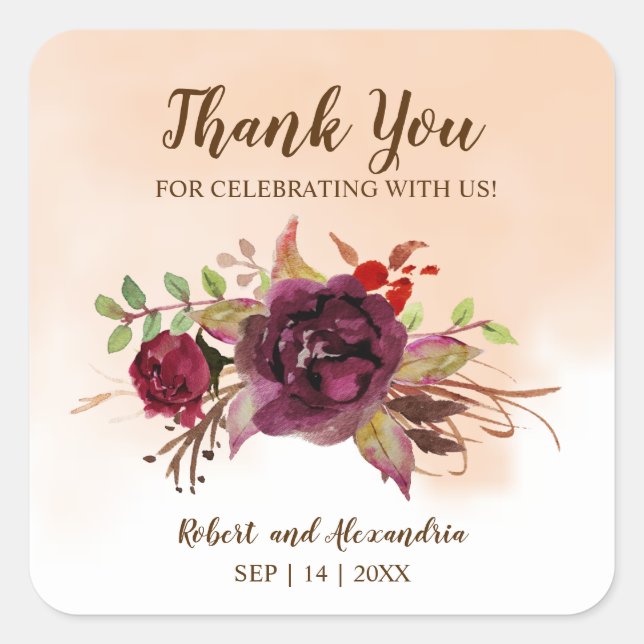 Burgundy Flowers | Thank You for Coming Wedding  Square Sticker (Front)