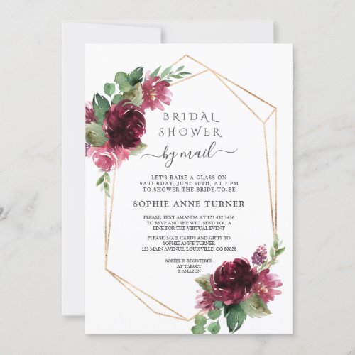 Burgundy Flowers Virtual Bridal Shower By Mail Invitation