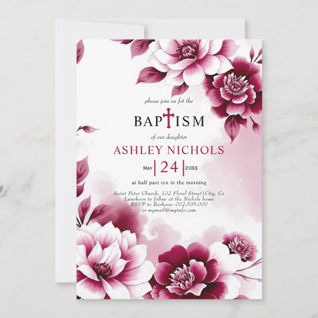 Burgundy flowers watercolor wash girl Baptism  Invitation (Front)