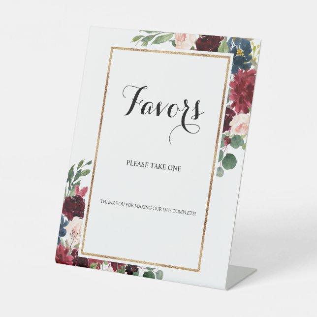Burgundy Flowers Wedding Favor Please Take One Pedestal Sign (Front)