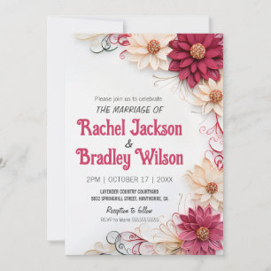 Burgundy Flowers Wedding Paper Quilling Simulated Invitation