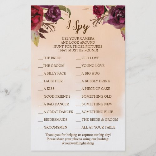 Burgundy Flowers Wedding Reception I Spy Game Card Flyer