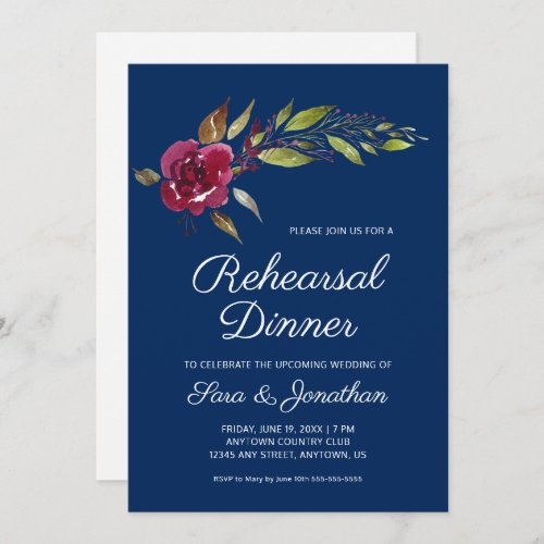 Burgundy Flowers Wedding Rehearsal Dinner Invitation