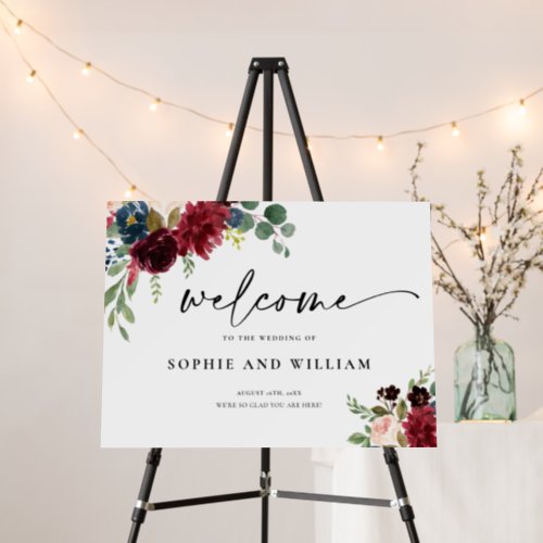 Burgundy Flowers Welcome Wedding Sign