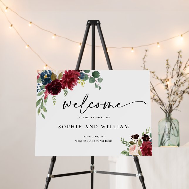 Burgundy Flowers Welcome Wedding Sign (In Situ (Stand))