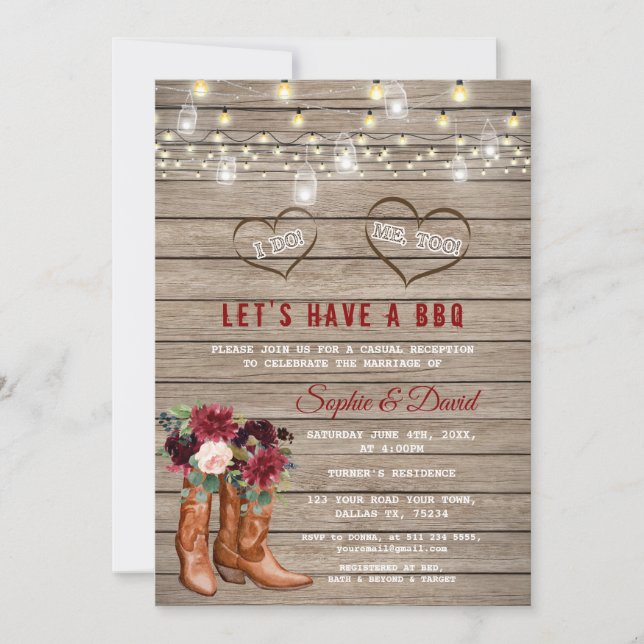 Burgundy Flowers Western Cowboy Boots I DO BBQ Invitation (Front)