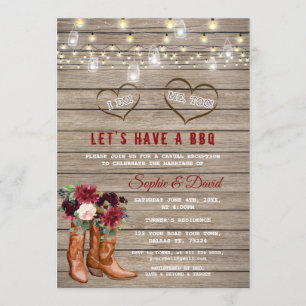 Burgundy Flowers Western Cowboy Boots I DO BBQ Invitation