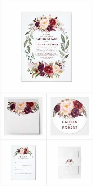 Burgundy Flowers Wreath Wedding Invitation Set