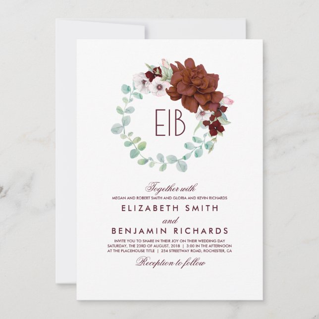 Burgundy Flowers Wreath - Elegant Monogram Wedding Invitation (Front)