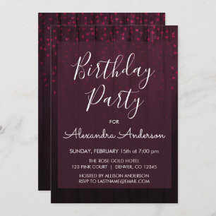 Burgundy Foil Hearts Any Age Birthday Party Invitation