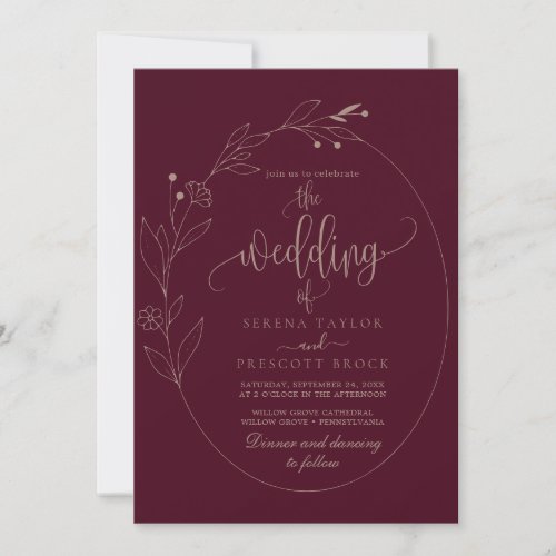 Burgundy Foliage Calligraphy All in One Wedding  Invitation