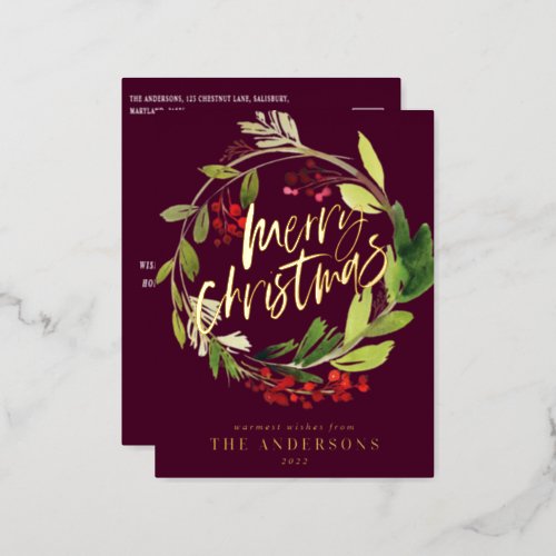 Burgundy foliage elegant non photo Christmas Foil Holiday Postcard