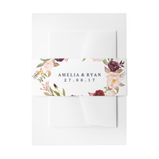 Burgundy Foral Navy Invitation Belly Band