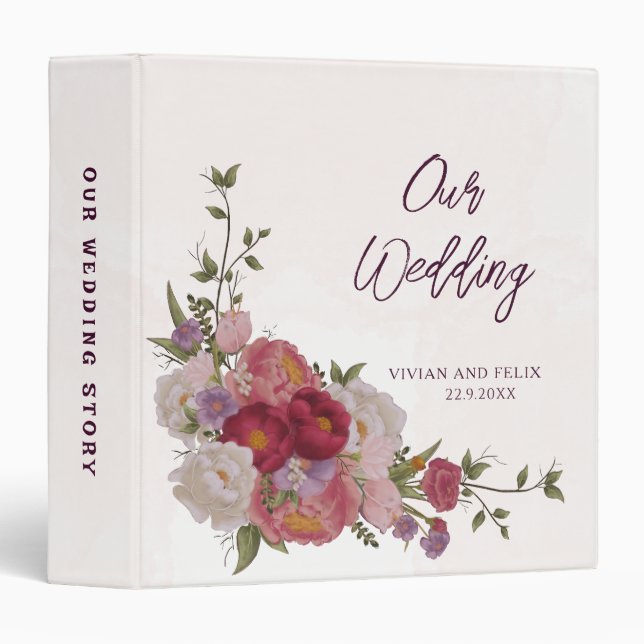 Burgundy Forest Floral Pattern Bridal Shower 3 Ring Binder (Front/Spine)