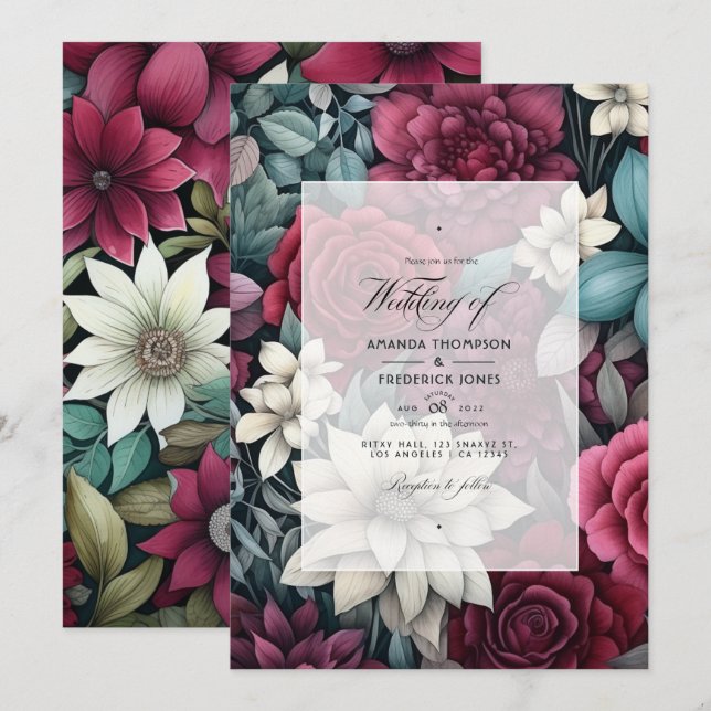 Burgundy, Forest Green and Charcoal Floral Wedding Invitation (Front/Back)