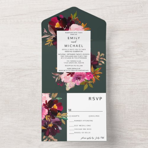 Burgundy Forest Green Blush Floral Watercolor All In One Invitation